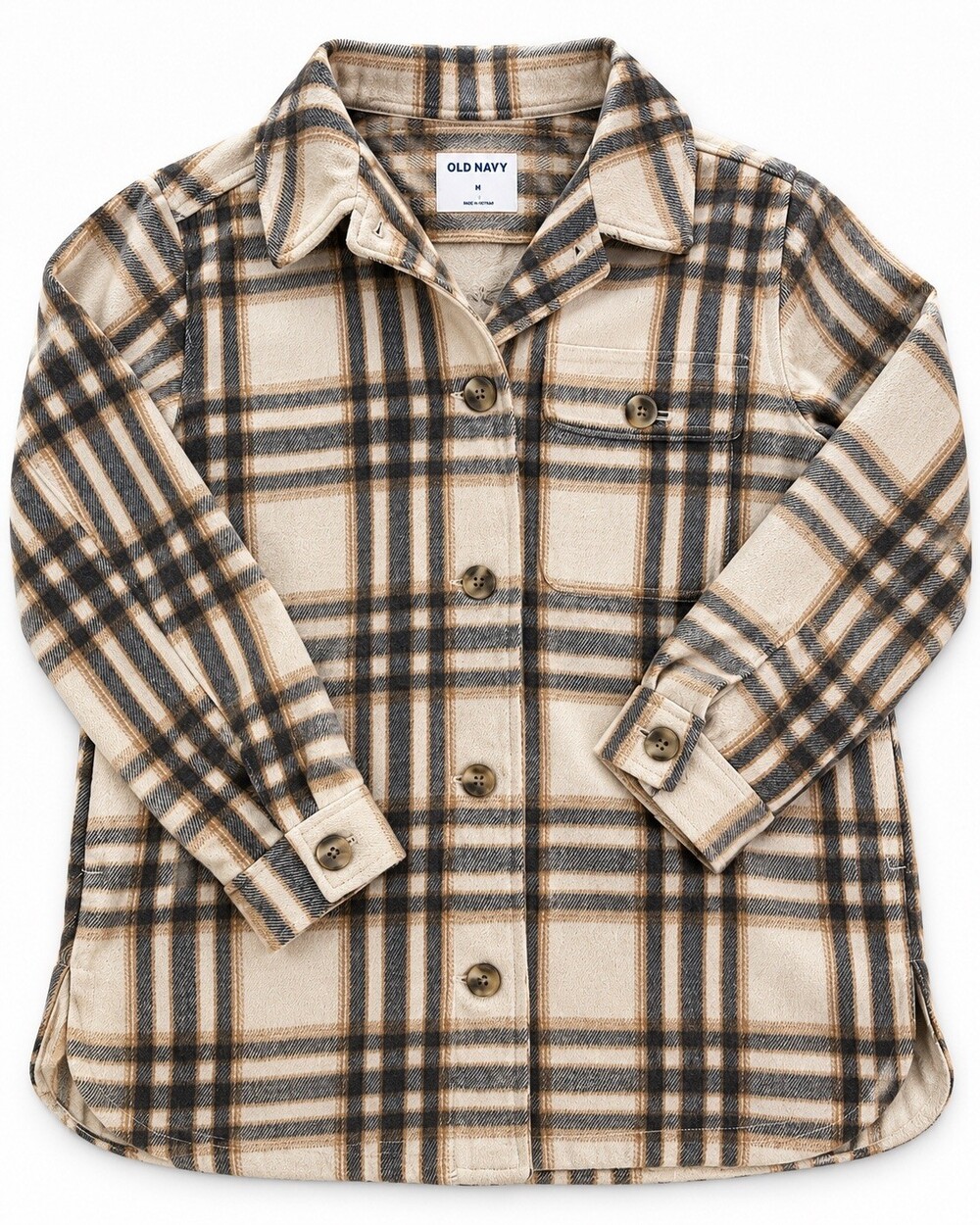 Old Navy Medium Beige Brown Black Plaid Shirt Jacket Button Front Long Sleeve NW